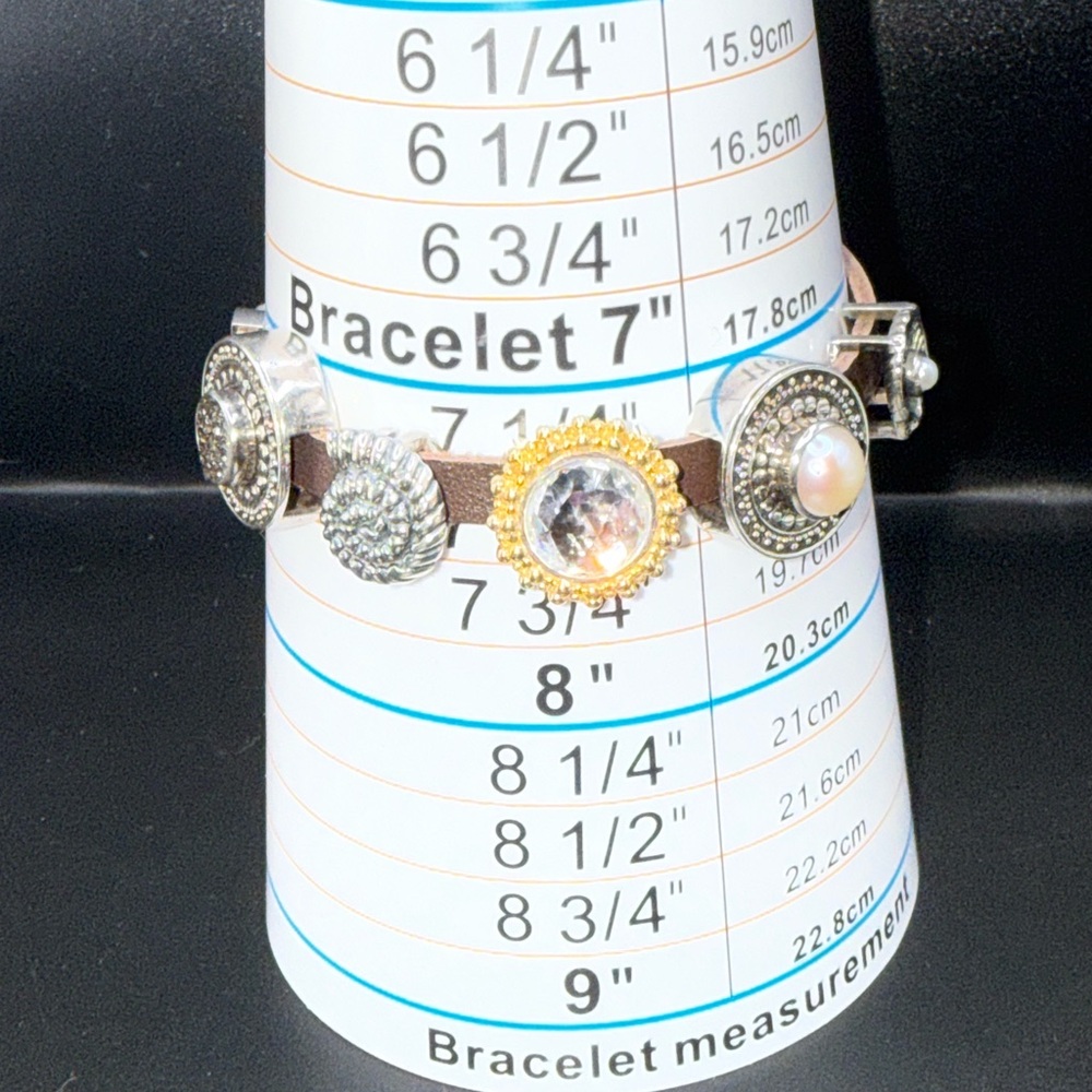 Lori Bonn Women's Brown Leather Snap Bracelet with Mixed Metal Accents charms.